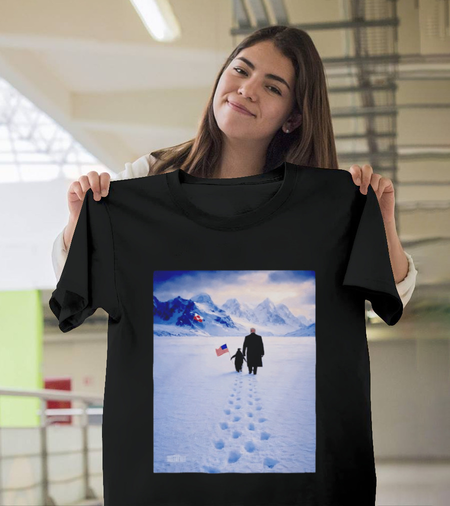 The White House Donald Trump Walking With Penguin American Canadian Flags Snowy Mountains T-Shirt