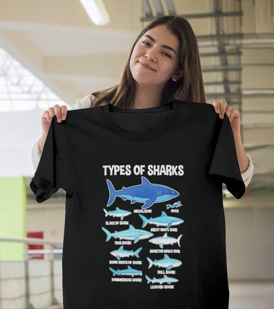 Types Of Sharks White Shark Hammerhead Great White Whale Tiger Bull Mako Marine Biology T-Shirt
