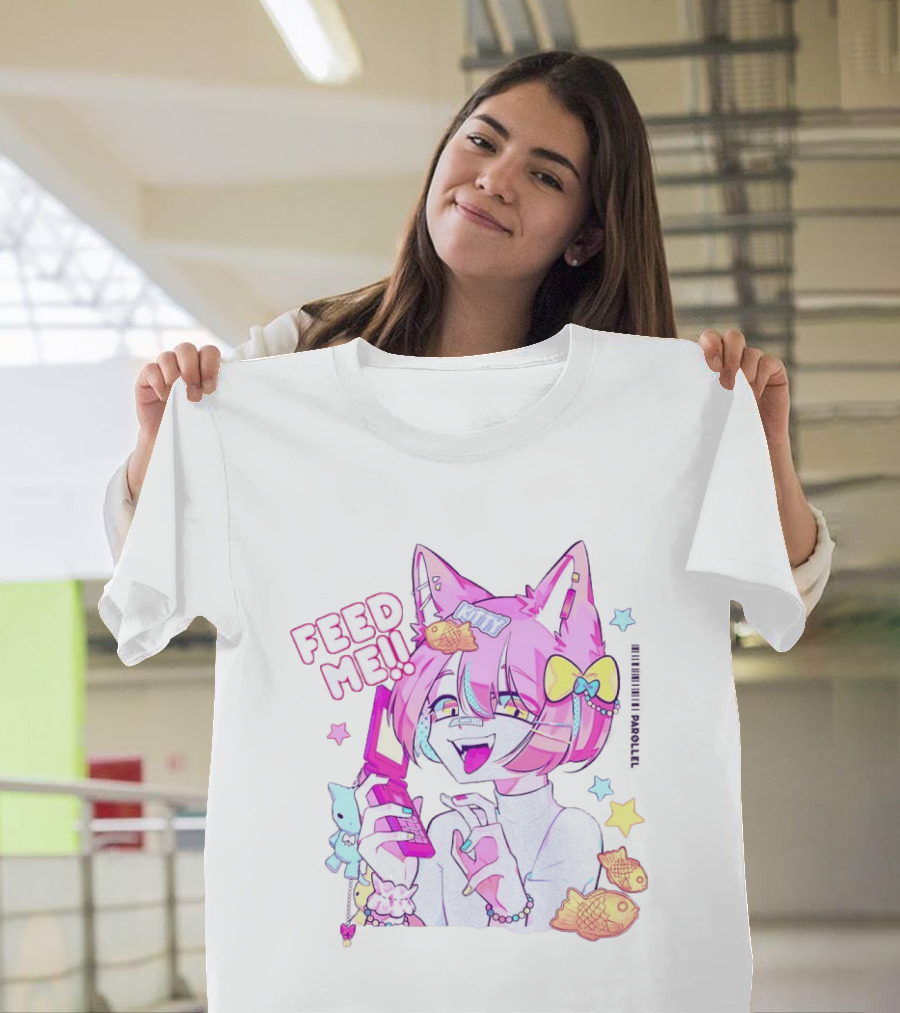 Anime Feed Me Pastel Kawaii Catgirl Eating Fish Cookies T-Shirt