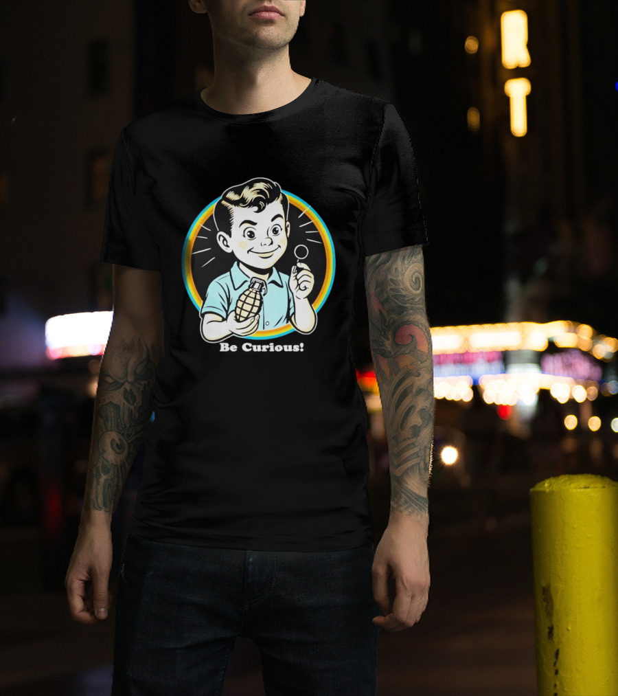 Be Curious Retro Comic Style Boy Holding Grenade And Pin T-Shirt