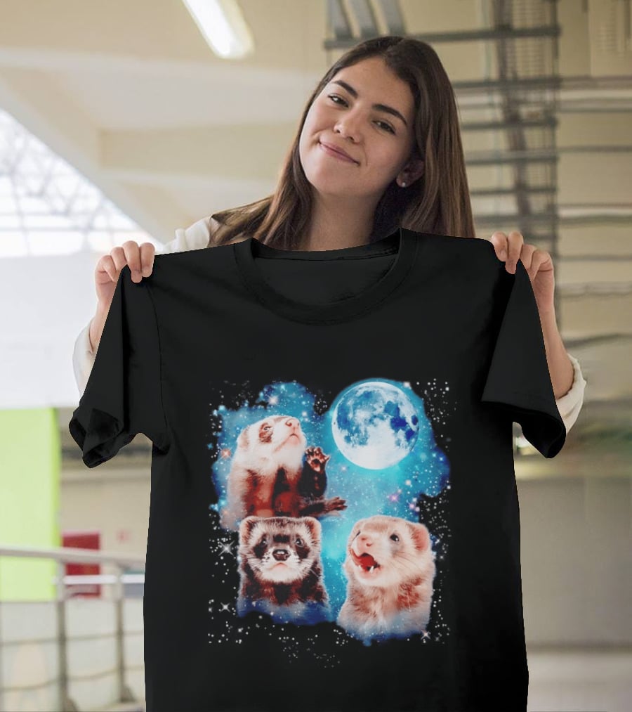 Ferret Trio With Full Moon And Starlit Sky T-Shirt