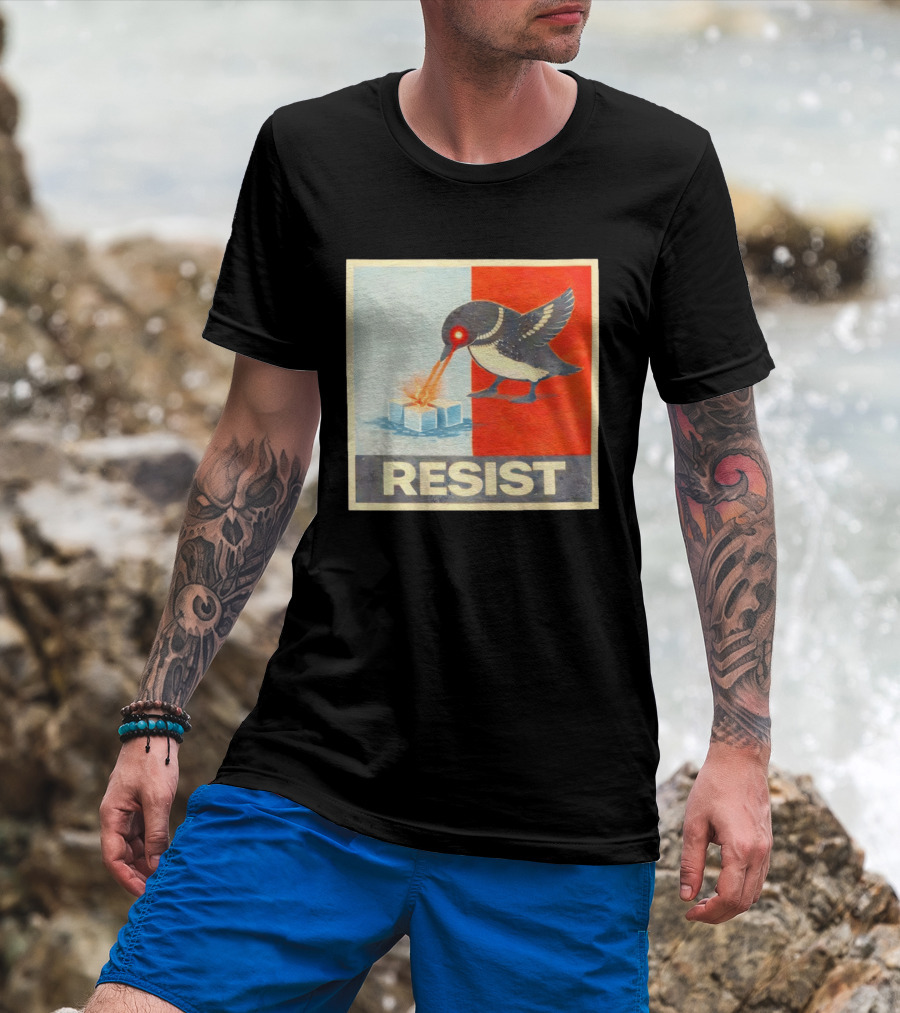Resist Penguin Melting Ice Laser Eyes Red Blue Split T-Shirt