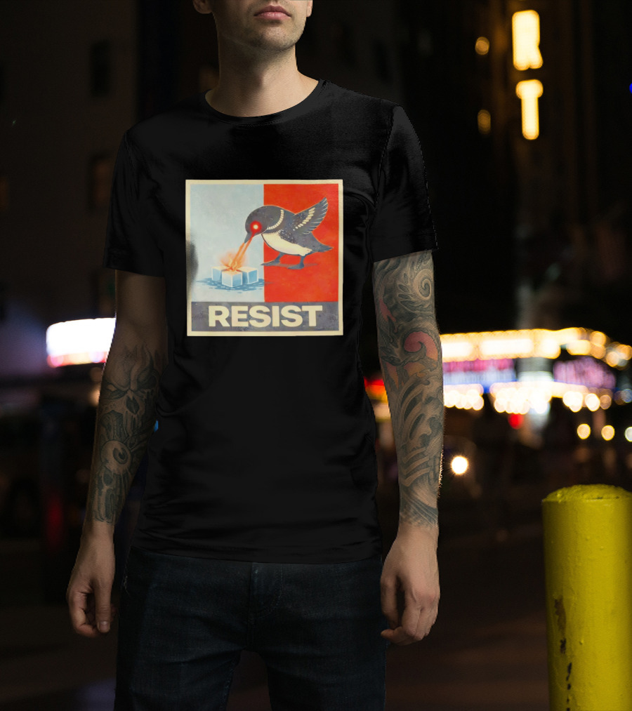 Resist Penguin Melting Ice Laser Eyes Red Blue Split T-Shirt