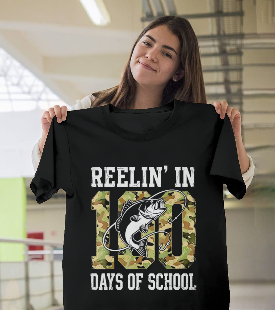 Reelin' In 100 Days Of School Bass Camo Fishing T-Shirt