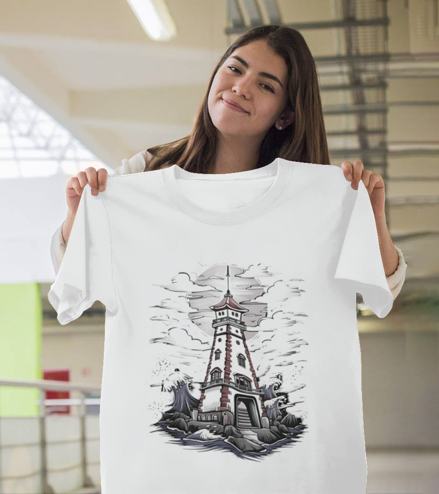 Lighthouse Under Full Moon With Dark Clouds T-Shirt