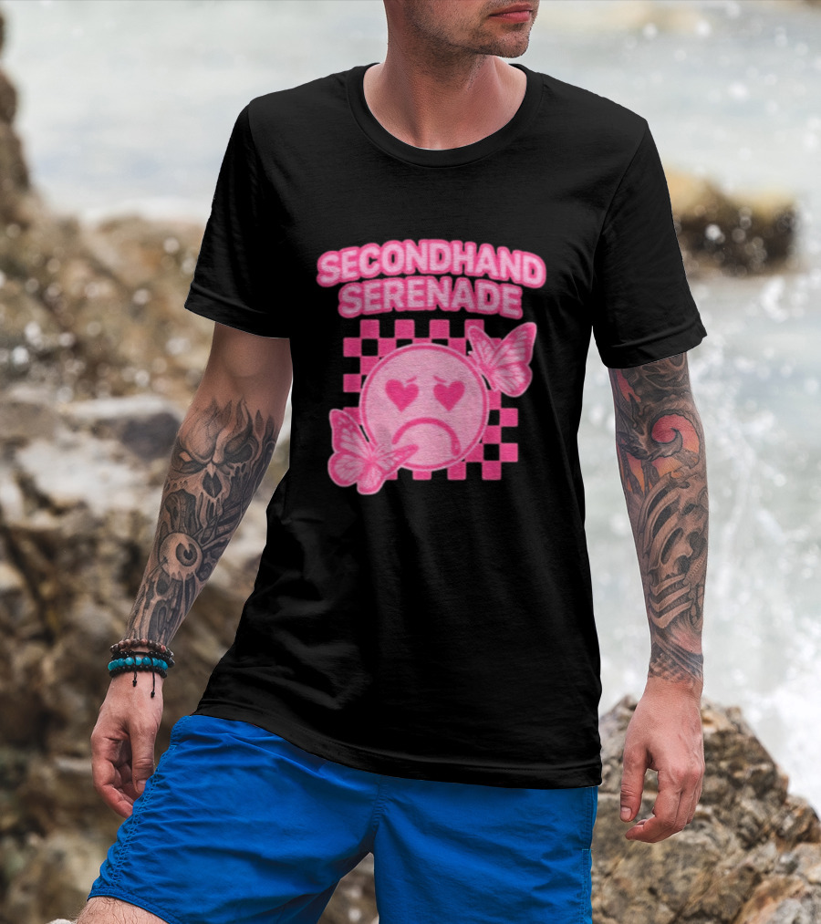 Secondhand Serenade Sad Emo Pink Heartbroken Face With Butterflies T-Shirt