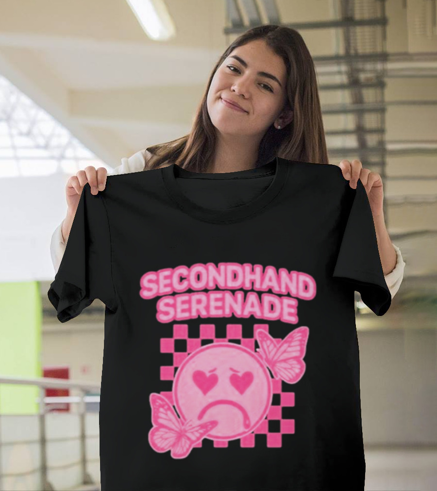 Secondhand Serenade Sad Emo Pink Heartbroken Face With Butterflies T-Shirt