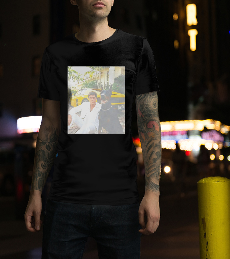 Tony Montana With Dog In Front Of Yellow Sports Car Scene From Scarface T-Shirt