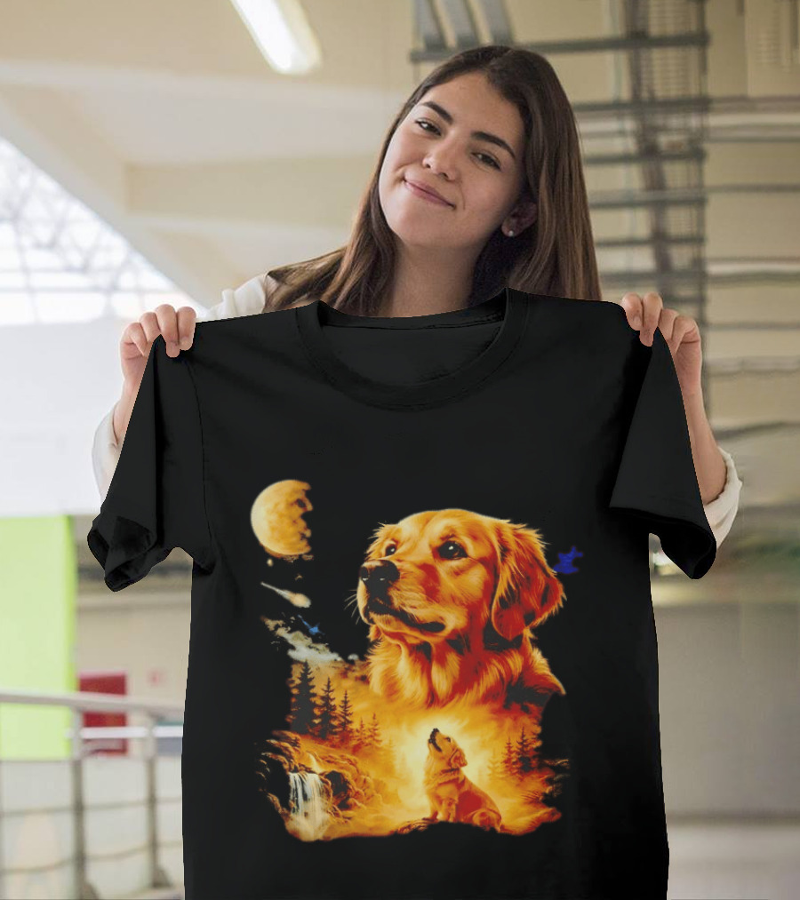 Golden Retriever Majestic Night Howl At Moonlit Waterfall T-Shirt