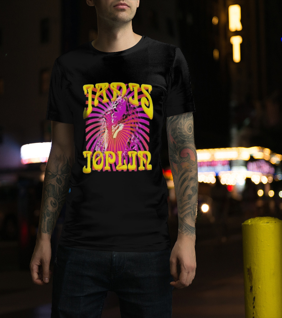 Janis Joplin Psychedelic Swirl Vibrant Yellow Text Pink Burst T-Shirt