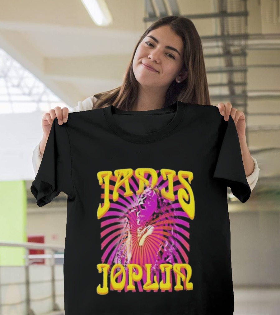 Janis Joplin Psychedelic Swirl Vibrant Yellow Text Pink Burst T-Shirt