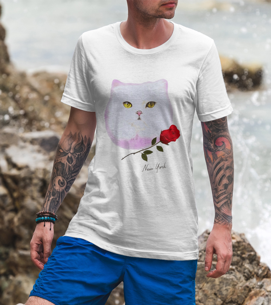 Cat Rose New York White Cat Face Yellow Eyes Red Rose T-Shirt