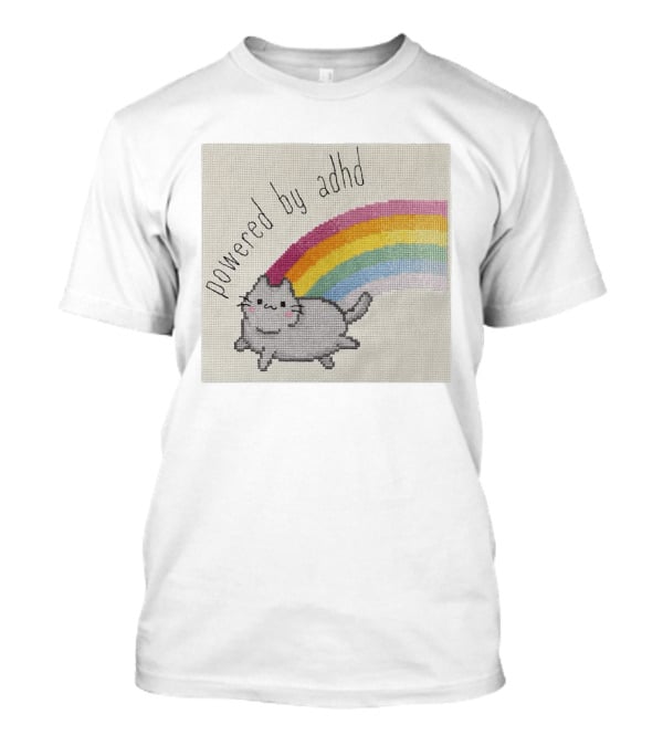Cat Powered By ADHD Rainbow Cute Cross Stitch Patchwork T-Shirt