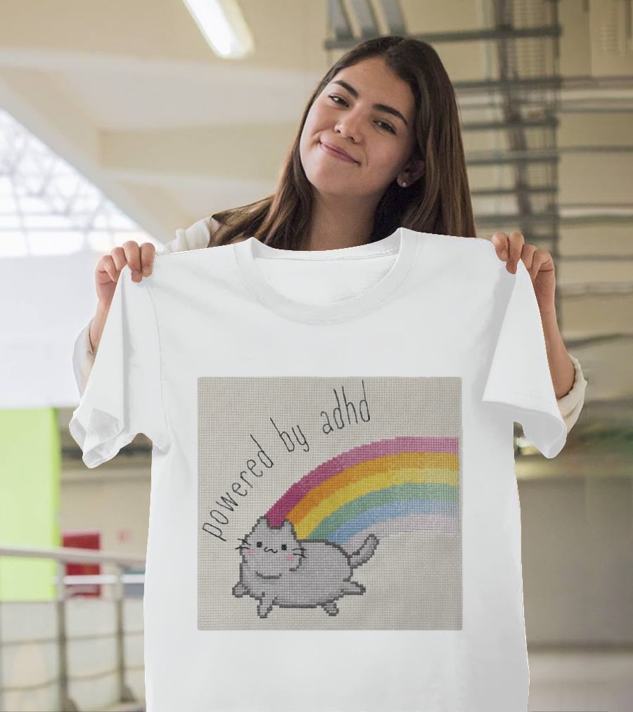 Cat Powered By ADHD Rainbow Cute Cross Stitch Patchwork T-Shirt