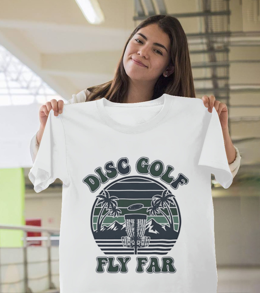 Disc Golf Fly Far Sunset Palm Trees Mountains T-Shirt