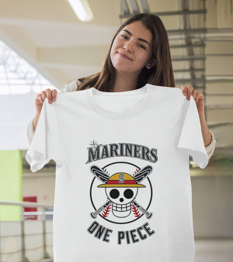 Seattle Mariners One Piece Crossover Collaboration Skull Hat Bats T-Shirt