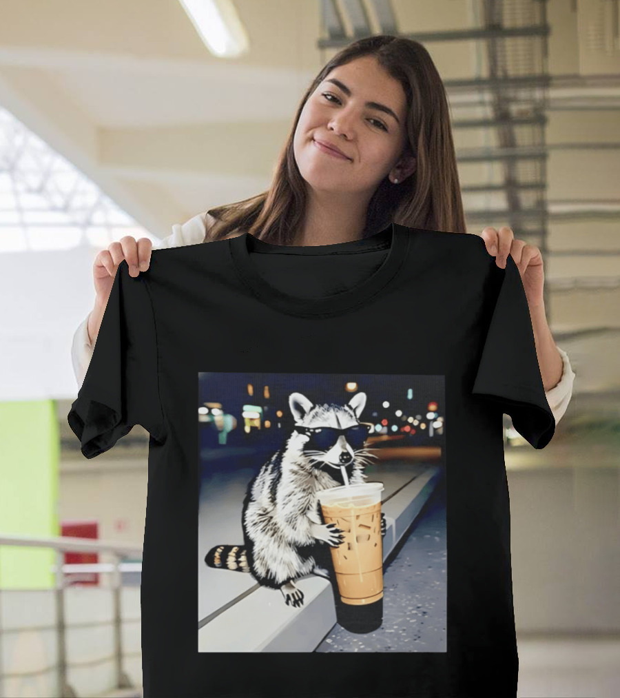 Raccoon Wearing Sunglasses Enjoying Iced Coffee Night Scene T-Shirt