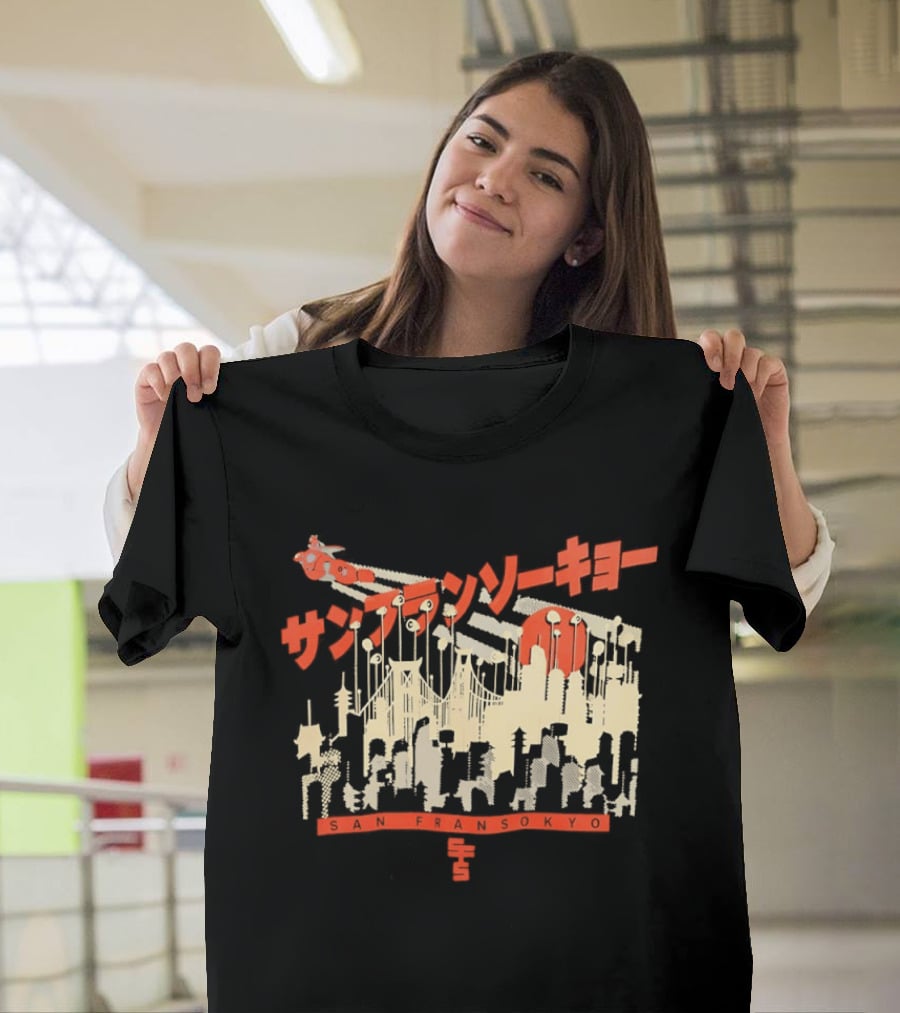 Sanfrasokyo Cityscape Fusion With Japanese Text And Baymax Figure T-Shirt