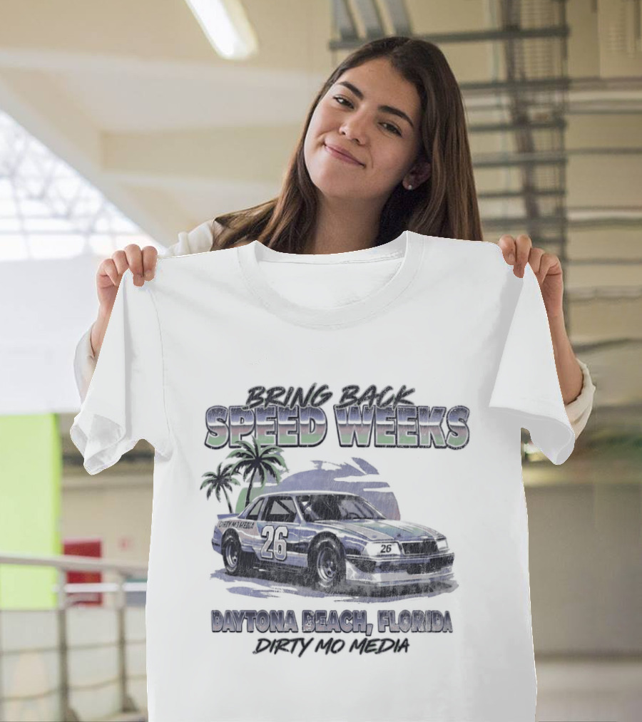 Bring Back Speed Weeks Daytona Beach Florida Dirty Mo Media Racing Car Palm Trees T-Shirt
