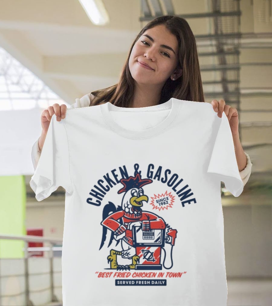 Chicken And Gasoline Best Fried Chicken In Town Since 1982 Retro Style Cartoon Rooster Pumping Gas T-Shirt