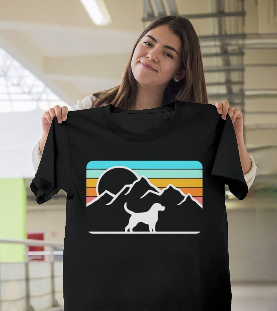 Dog With Mountain Retro Sunset T-Shirt