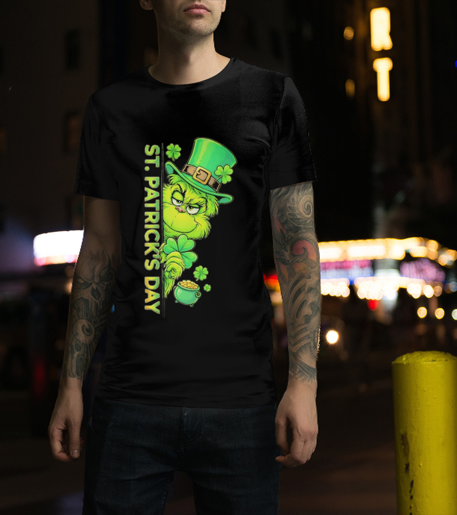 St. Patrick's Day Grinch With Leprechaun Hat And Gold Pot T-Shirt