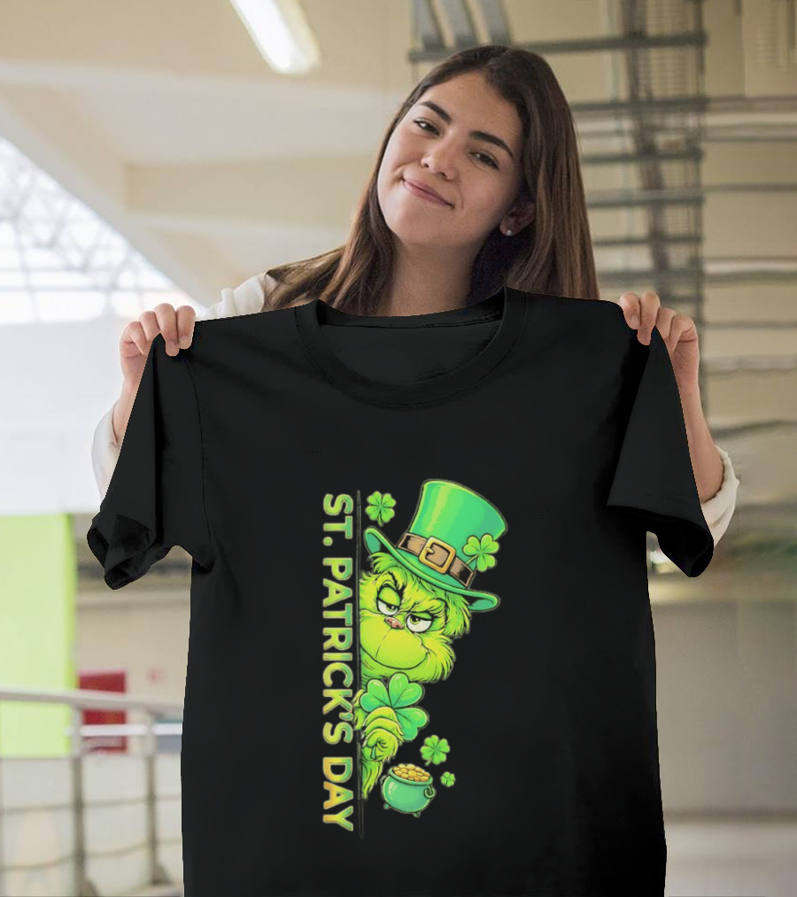 St. Patrick's Day Grinch With Leprechaun Hat And Gold Pot T-Shirt