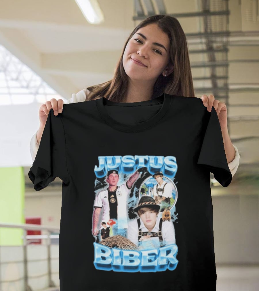 Justus Biber Justin Bieber Bavarian Inspired Collage Football Lederhosen T-Shirt