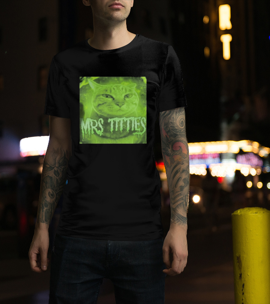 Mrs Titties Cat Glowing Neon Green Feline T-Shirt