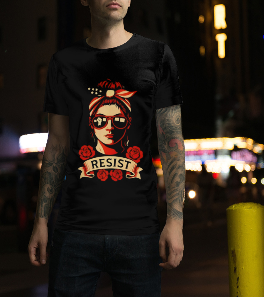 Patriotic Woman Resist American Flag Bandana And Glasses With Roses T-Shirt