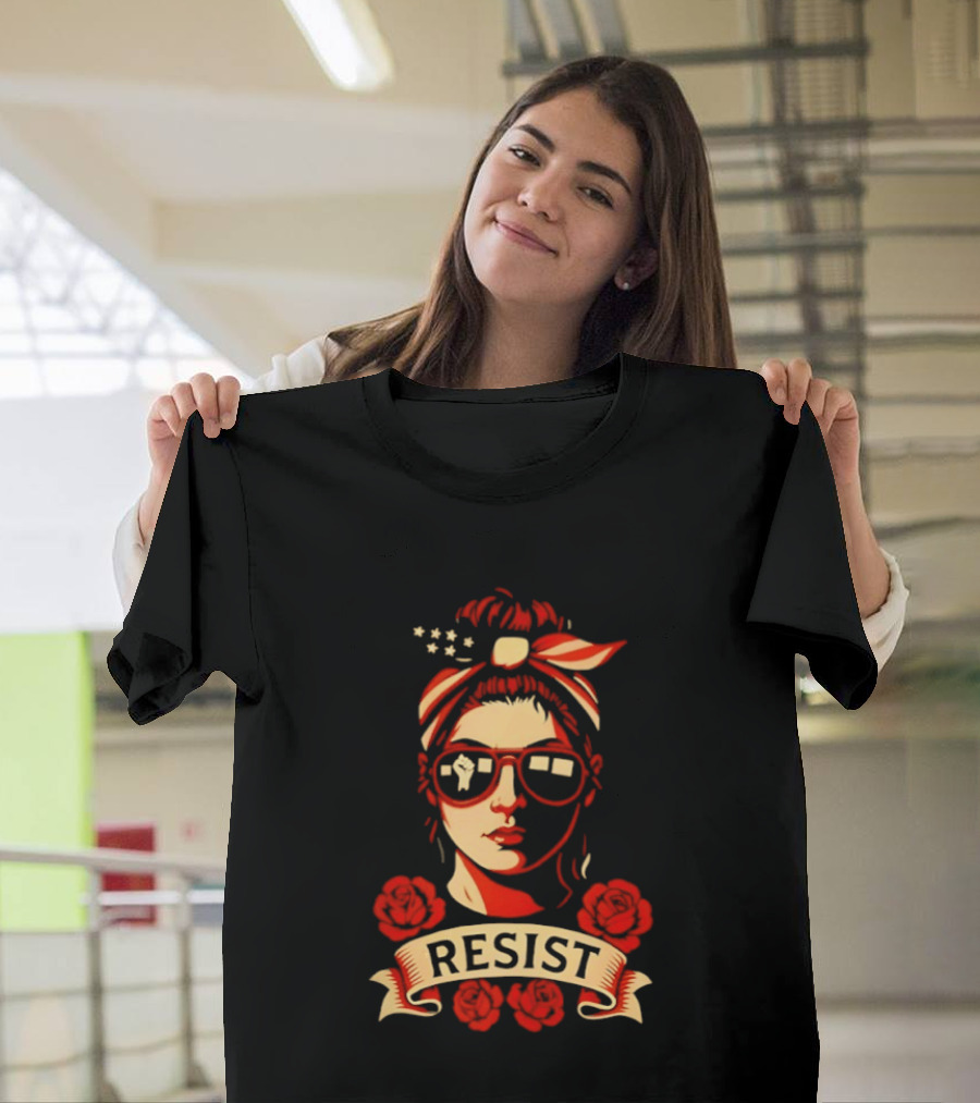 Patriotic Woman Resist American Flag Bandana And Glasses With Roses T-Shirt
