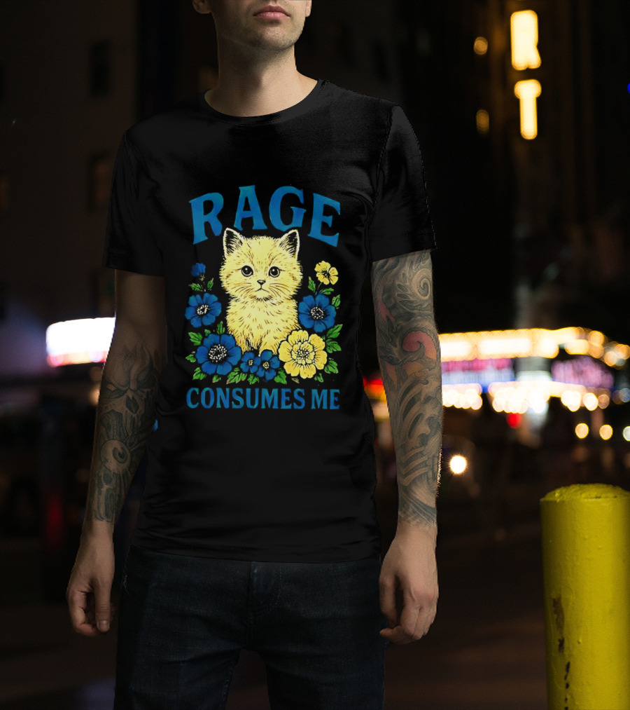Rage Consumes Me Cat Surrounded By Blue And Yellow Flowers T-Shirt