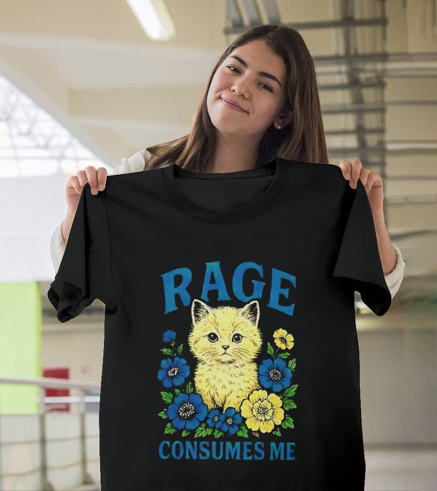 Rage Consumes Me Cat Surrounded By Blue And Yellow Flowers T-Shirt