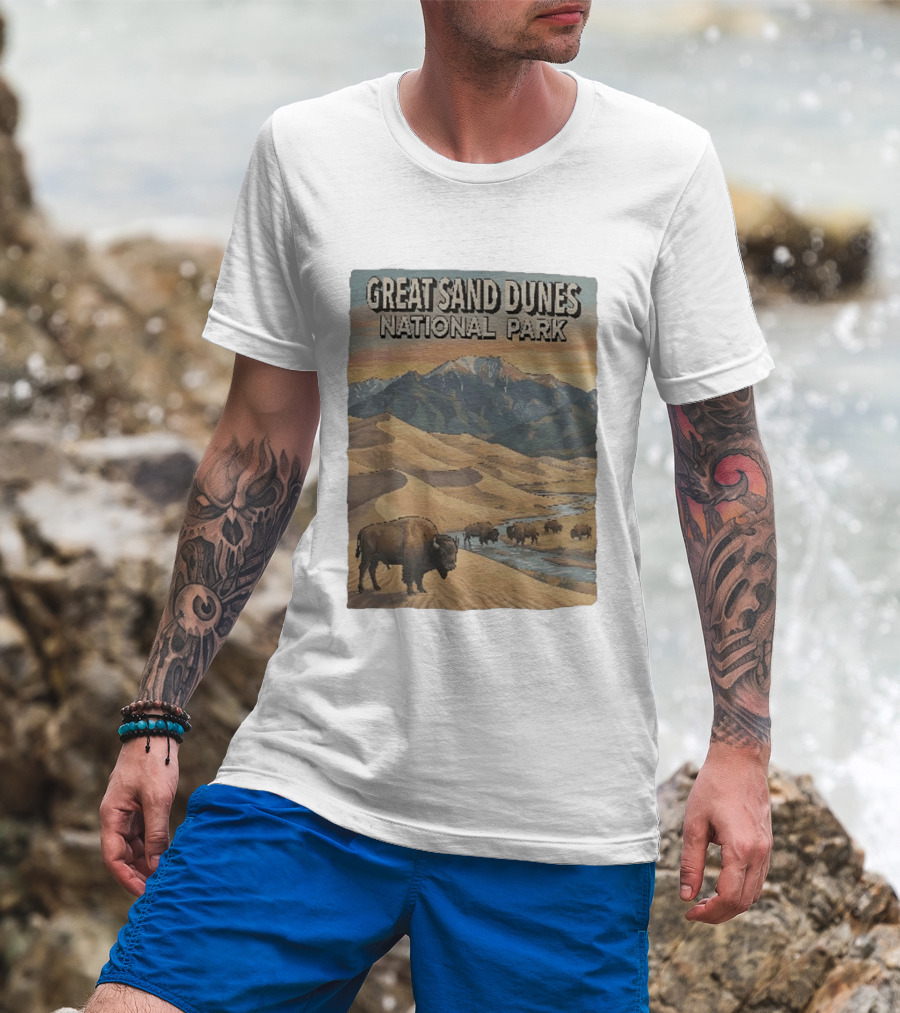 Great Sand Dunes National Park With Buffalo And Mountains Scene T-Shirt