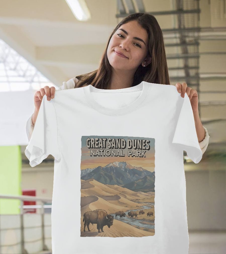 Great Sand Dunes National Park With Buffalo And Mountains Scene T-Shirt