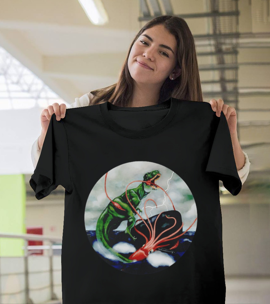 Dinosaur And Giant Squid Battle On Stormy Sea T-Shirt
