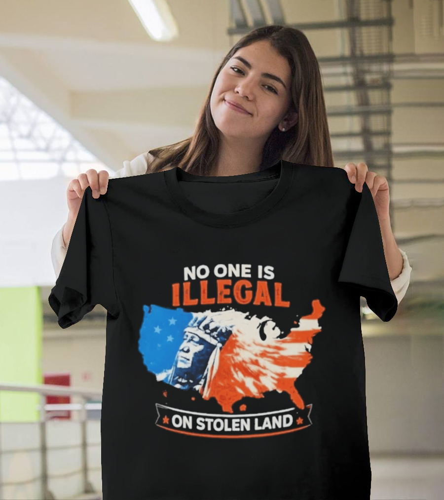 No One Is Illegal On Stolen Land USA Map Native American Headdress T-Shirt