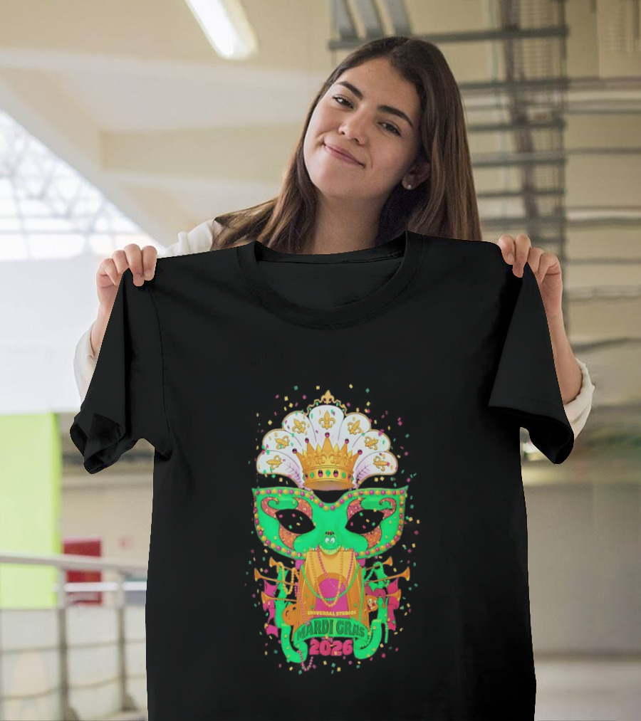 Universal Studios Mardi Gras 2026 Festive Mask And Crown Celebration T-Shirt