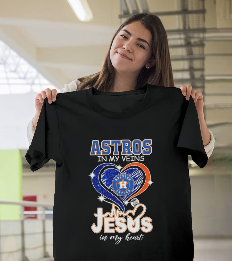Houston Astros In My Veins Jesus In My Heart Heartbeat Diamond Shape T-Shirt