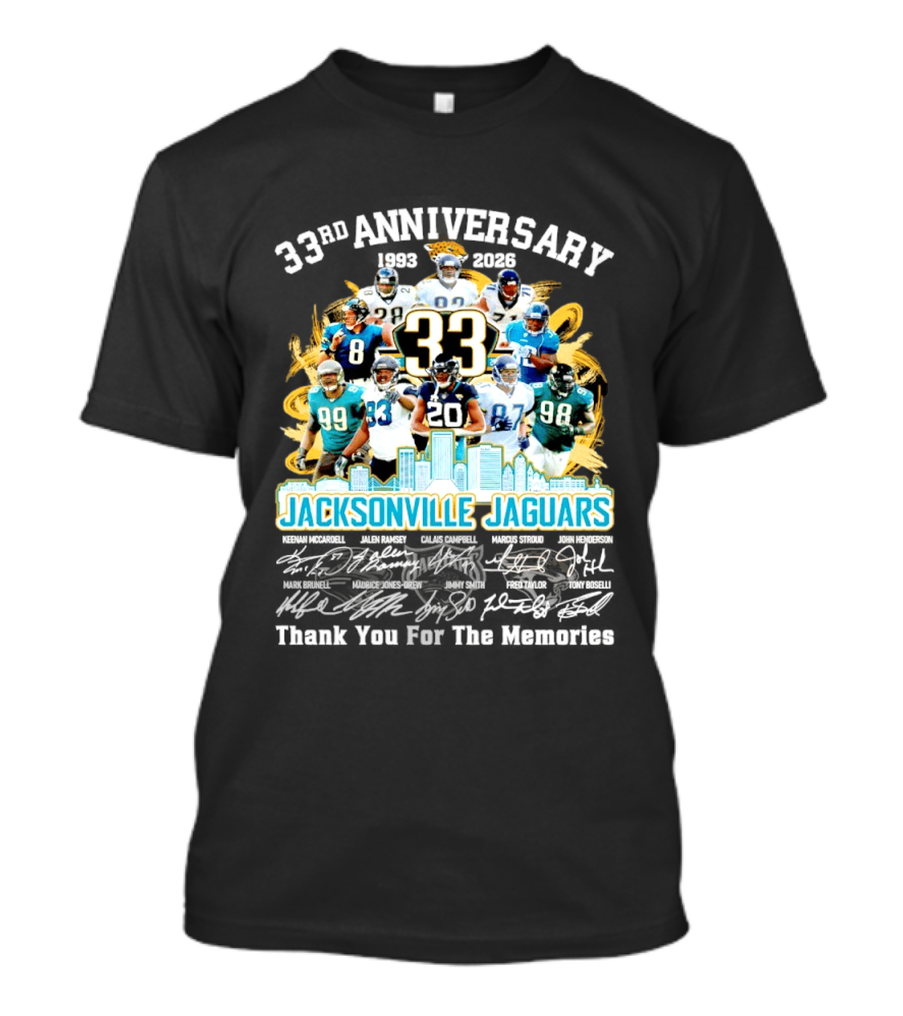 Jacksonville Jaguars 33rd Anniversary Players Collage City Skyline T-Shirt