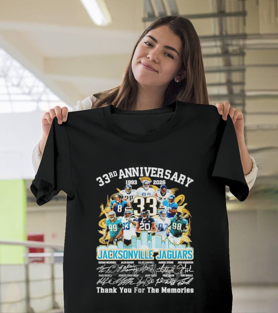 Jacksonville Jaguars 33rd Anniversary Players Collage City Skyline T-Shirt