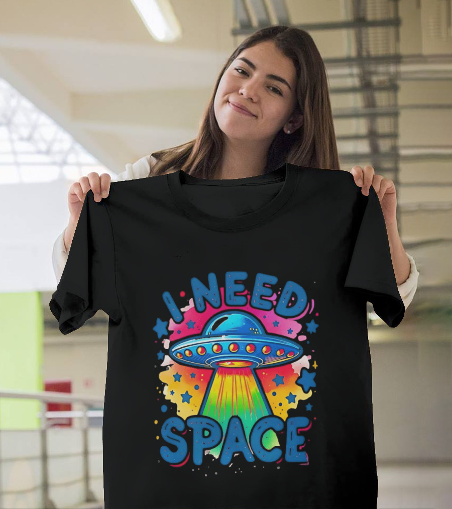 UFO I Need Space Colorful Alien Spaceship Retro Stars T-Shirt