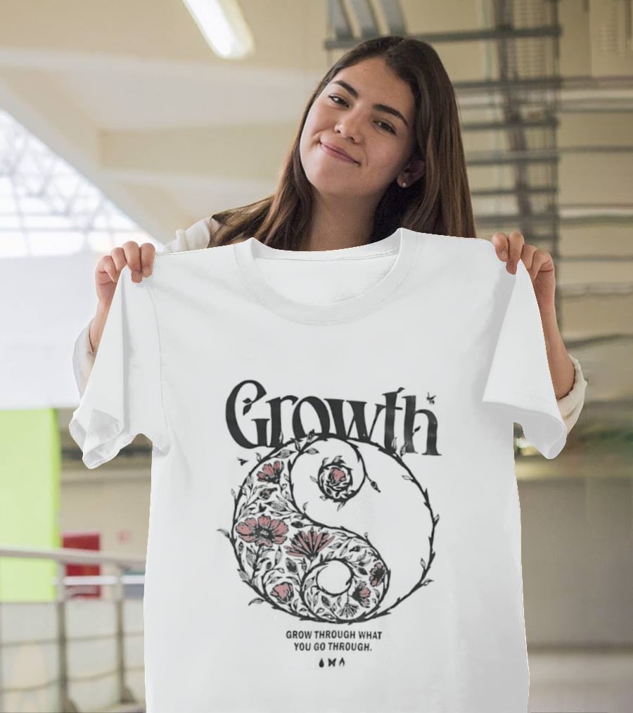 Growth Grow Through What You Go Through Red Floral Motif Circle T-Shirt