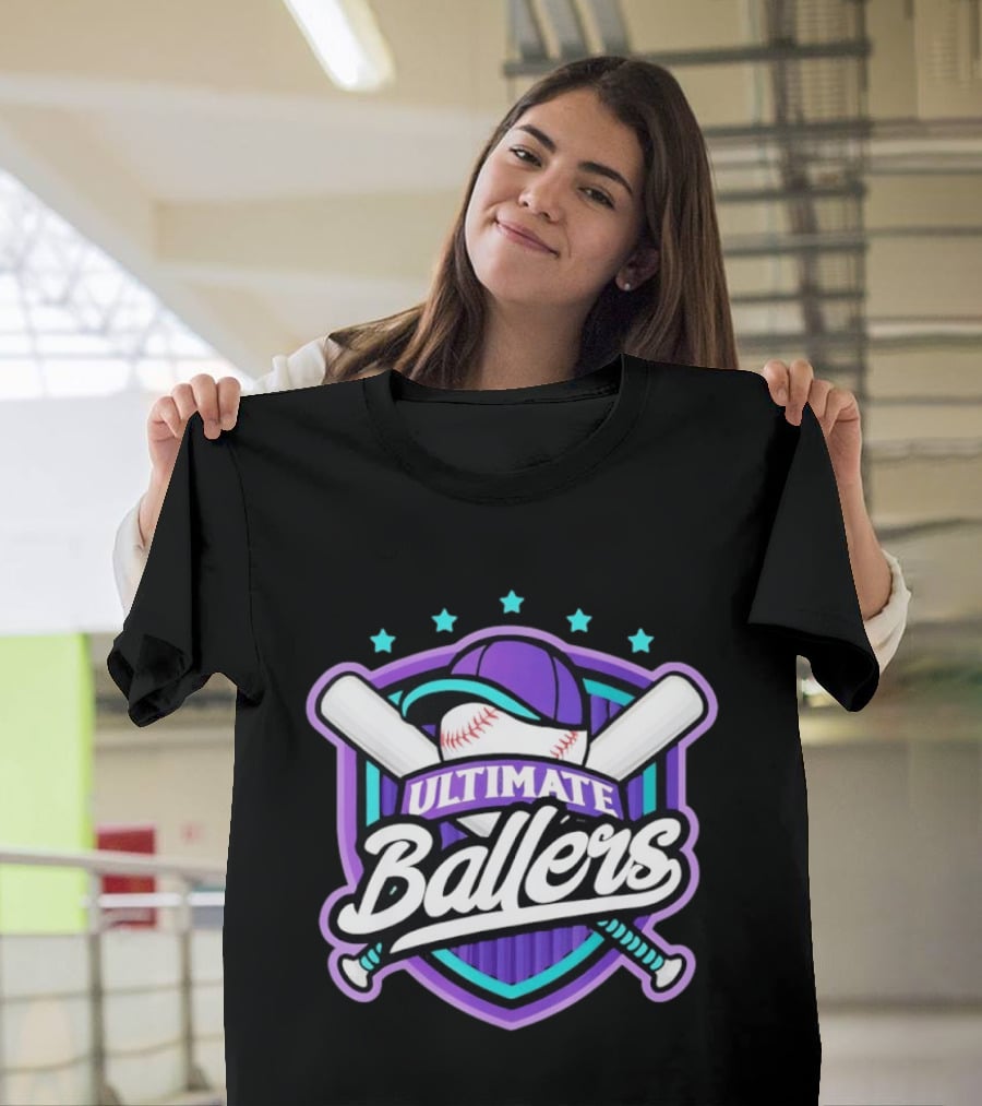 Ultimate Ballers Baseball Purple Cap Bats Retro Five Stars T-Shirt