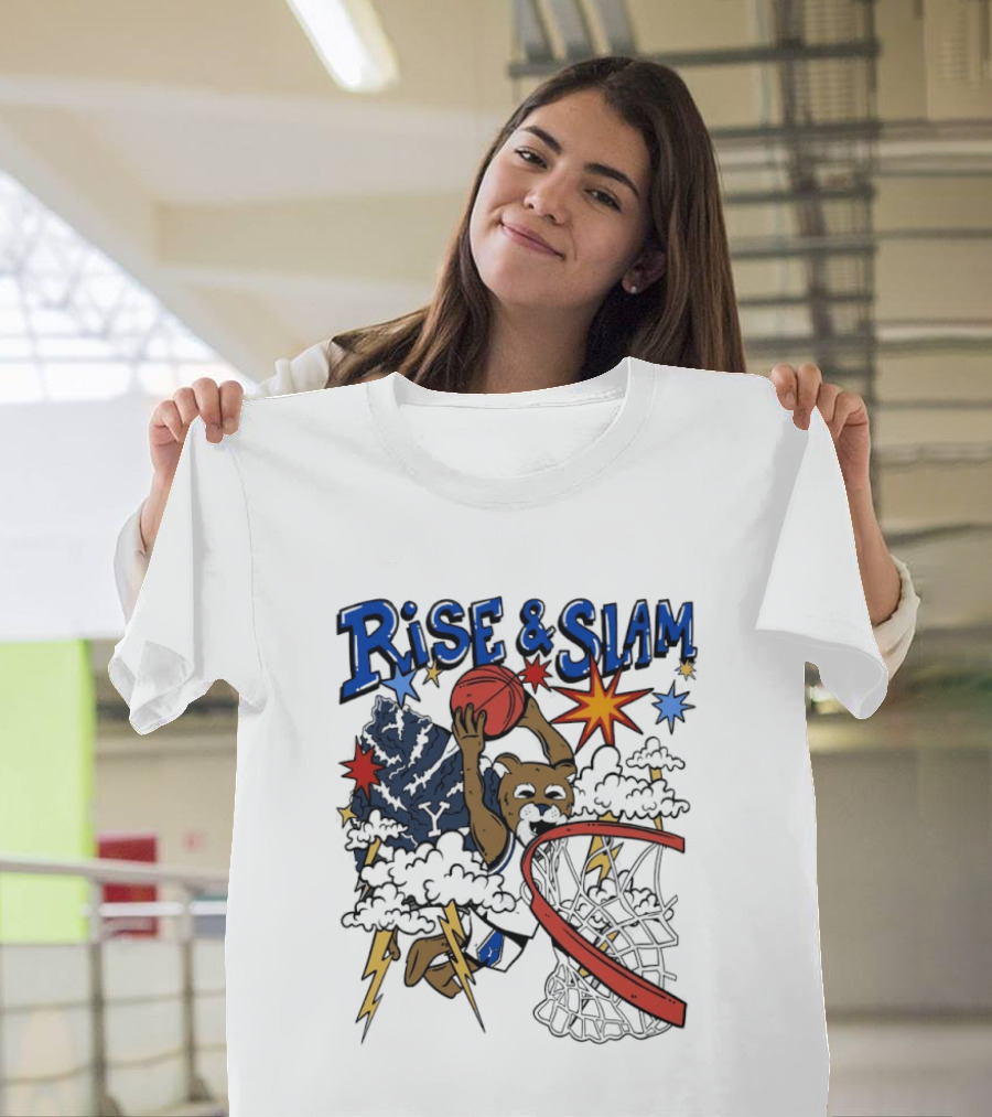 BYU Basketball Rise And Slam Flyin' Hoops Bear Dunking With Stars And Lightning T-Shirt