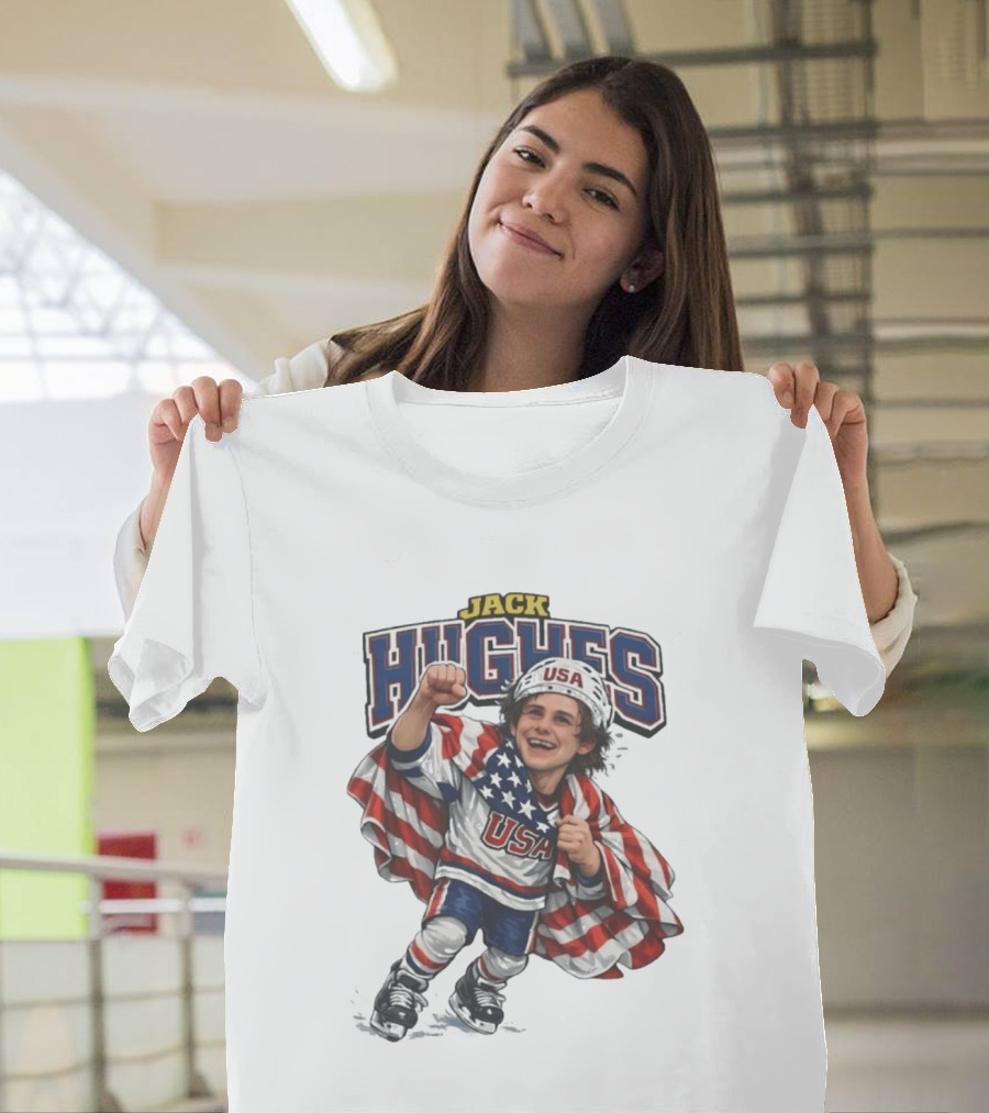 Jack Hughes USA Hockey Caricature American Flag T-Shirt
