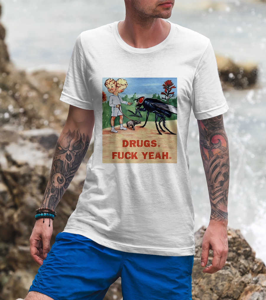 DRUGS FUCK YEAH Retro Cartoon Big Fly Tiny Elephant T-Shirt