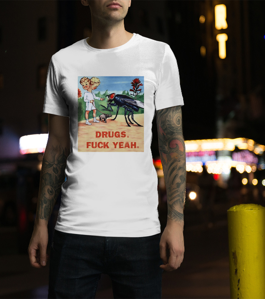 DRUGS FUCK YEAH Retro Cartoon Big Fly Tiny Elephant T-Shirt