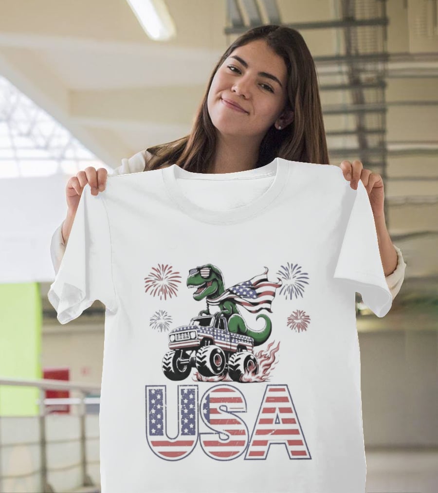 USA Independence Day 4th Of July Rex Monster Truck Fireworks American Flag T-Shirt