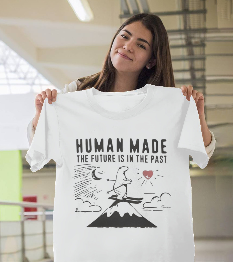Polar Bear Skiing Human Made The Future Is In The Past Moon Heart Clouds Mountain T-Shirt